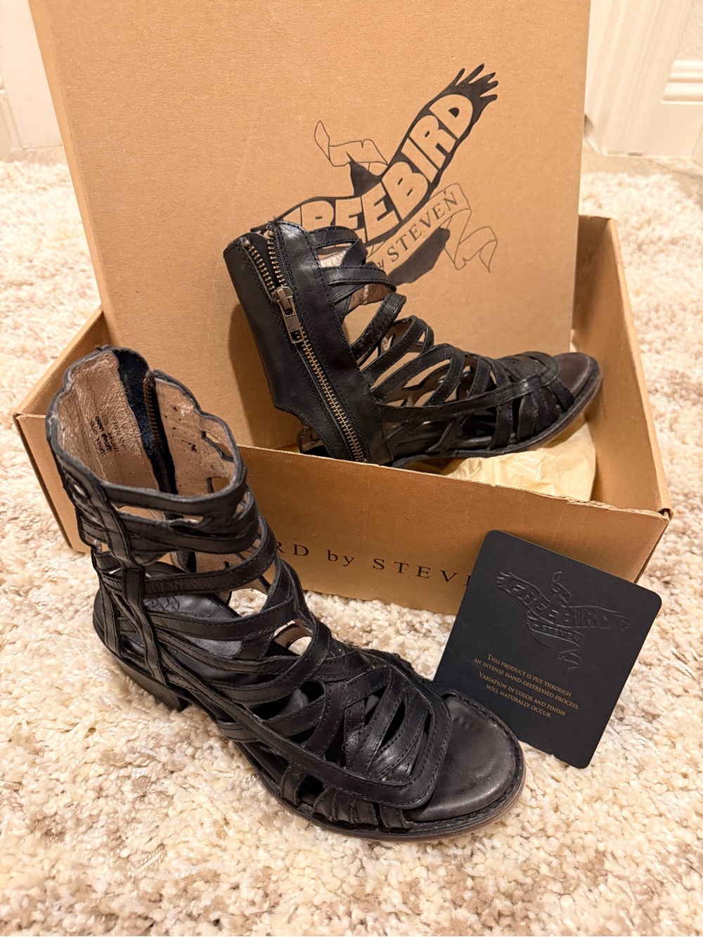 Freebird by Steven “Queen” Gladiator-Black Strappy Leather Heeled Ankle Boots